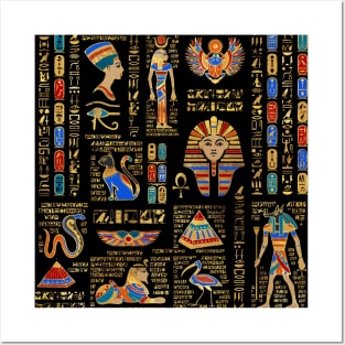 Egyptian hieroglyphs and deities on black Posters and Art